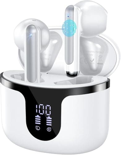 Wireless Earbuds, Bluetooth 5.4 Headphones HiFi Stereo with 4 HD Mic, 50H Playtime Bluetooth Earbuds with Dual LED Display, IPX7 Waterproof Wireless Earphones, Touch Control Ear Buds,USB-C,White
