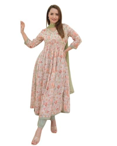MAGHMA Indian Aliya Cut Kurti Pant with Dupatta Set Rayon Printed Dress for Women (Peach-XXL)