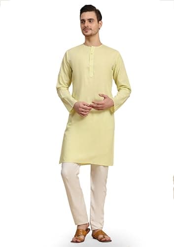 SKAVIJ Men's Pure Cotton Solid Kurta Pajama Set Round Neck Daily Wear Casual Yoga Dress (KP096lemon_Lemon_S)