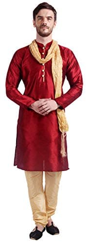 Men's Kurta Pajama with Scarf Wedding Party Wear India Clothing (Maroon, S)