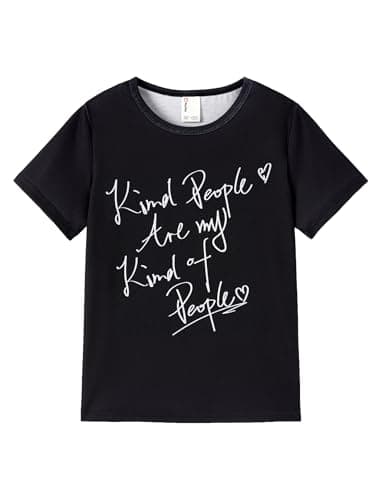 PATPAT Girls Black Graphic Shirts Size 7-8 Years Short Sleeve Letter Print Crewneck Tops Kids Summer Cute Cartoon Tees