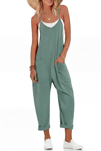 Ekouaer Womens Jumpsuit Sleeveless Casual Summer Overalls Jumpers Spaghetti Strap Baggy Long Pants Rompers with Pockets Green Grey XL