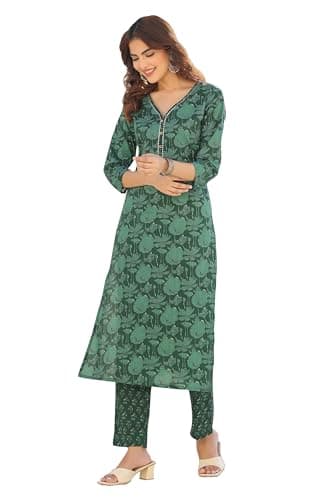 Janasya Indian Women's Cotton Green Floral Print Casual Wear Kurta Set for Women