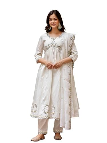TRENDMALLS Women's Chanderi Silk Embroidery Salwar Suit Set Kurta Pant with Dupatta (G274-OffWhite-XXL)