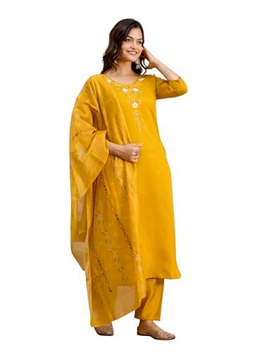 TRENDMALLS Women's Chanderi Embroidery Kurta Pant with Dupatta Set (G382-Yellow-L)