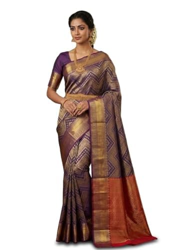 Kanjivaram Soft Silk Saree, Purple and Gold with Red Border, Traditional Zari Woven Design 5.5 Meter 0.80 Meter Blouse (Unstitched)