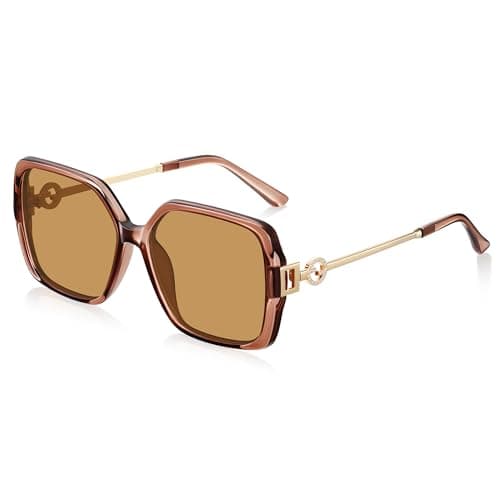 Foliful Retro Square Sunglasses for Women Oversized Vintage Style Sun Glasses UV Protection Metal Temple, Glossy Translucent Brown/Light Brown - Gold