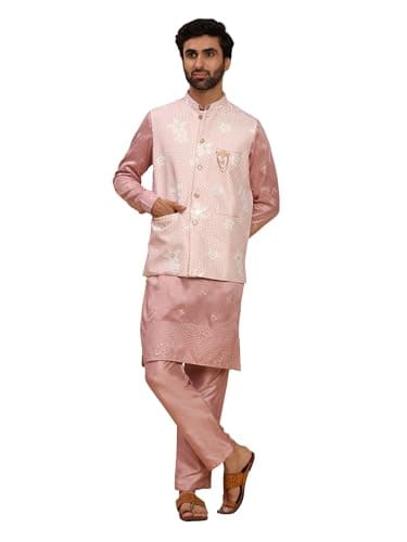 Pro-Ethic Style Developer Mens Silk Kurta Trouser Set With Embroidered Waistcoat (Nehru Jacket) (C-126) Gajri Medium