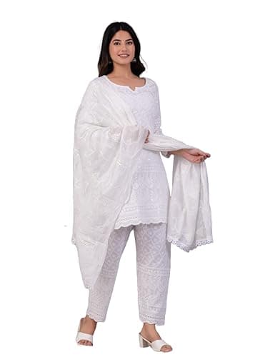 JG JAI GOVINDAM Indian Kurtis for Women Salwar Kameez Suit Set Indian Dresses Chikankari White Kurti Pant & Dupatta Set (US, Alpha, X-Large, Regular, Regular, White)