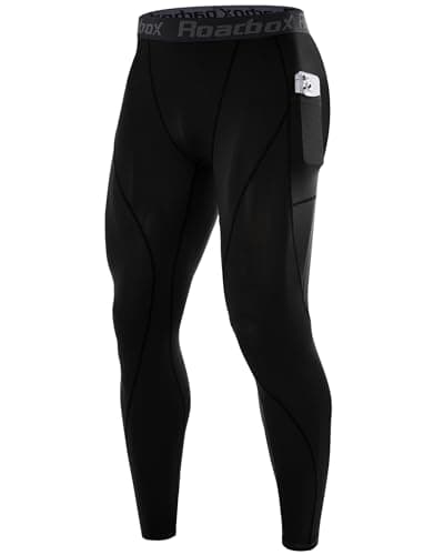 Roadbox Compression Pants Men, Running Workout Leggings with Pockets, Gym Basketball Athletic Tights Base Layer Black