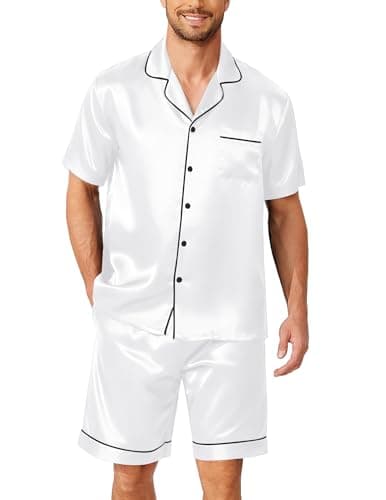 Ekouaer Mens Satin Pjs Silk Pajamas Set Short Sleeve Sleepwear Loose Comfy Sleepwear Two Piece Lounge Set,White,L