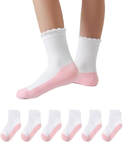 Funjoon 4-10Y Girls Ruffle White Cotton School Uniform Socks Cute Crew Ankle Scallop Dress Socks for Kids 6 Pack, Pink 6-8Y