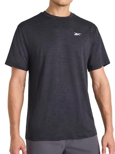 Reebok Men’s Strike Short Sleeve Crewneck T-Shirt, Standard Fit, Lightweight Stretch Poly Jersey Fabric, Black Heather, Small