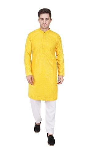 TRILOKI Mens Embroidered Sequined Kurta Pajama Set Rayon Ethnic Indian Traditional Wear Ethnic Diwali Puja Kurta Payjama Set