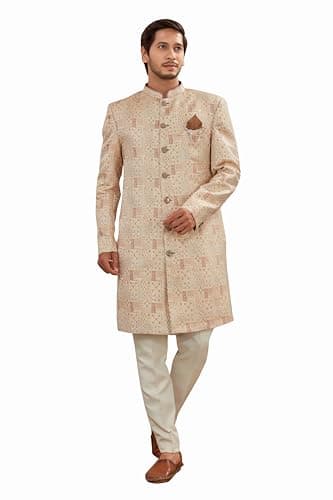 Shreyanvi Indian Designer Wedding Festive Wear Jacquard Indo-Western Sherwani Pajama Set For Men