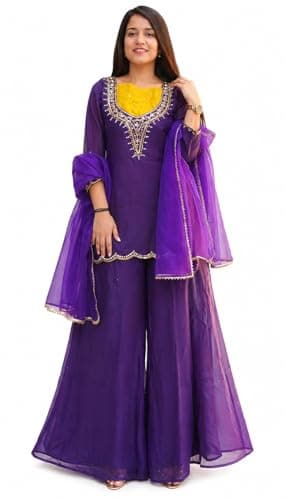 LEELICHI Women's Premium Roman Simmer Salwar Suit Set Kurta Sharara with Dupatta Kurta Palazzo Set Stitched Ready To Wear (US, Alpha, Large, Regular, Regular, Purple)