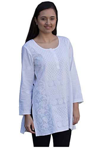 Ayurvastram STUTI Pure Cotton All Over Hand Embroidered Tunic Top Kurta: White, M