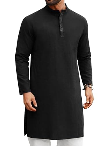 Runcati Mens Kaftan Thobe Long Sleeve Casual Henley Shirts Button Down Kurta Cotton Linen Muslim Gown Robe Black