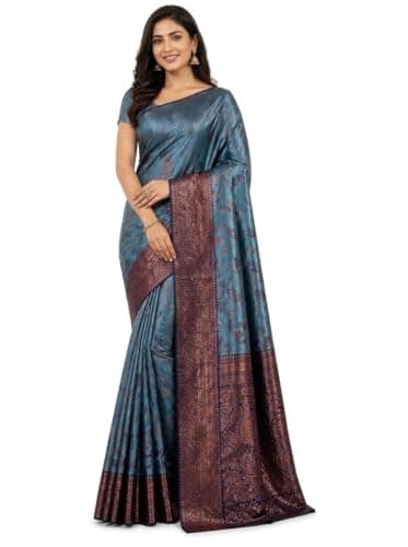 KAMLA CREATION Women's Kanjivaram Soft Silk Saree With Unstitched Blouse Piece 5.5 Metres (Teal Blue and Rich Antique)