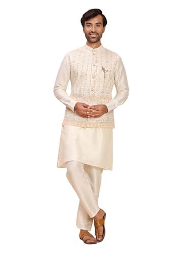 Pro-Ethic Style Developer Mens Heavy Cotton Silk Sequence Kurta Trouser Set With Waistcoat (Nehru Jacket) (C-124) Cream Large