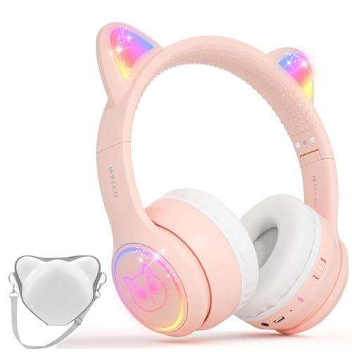 IFECCO Wireless Kids Headphones with Microphone,Foldable Cute Light Up Cat Ear Children Girls Bluetooth Headphones with Case for School Gifts Travel