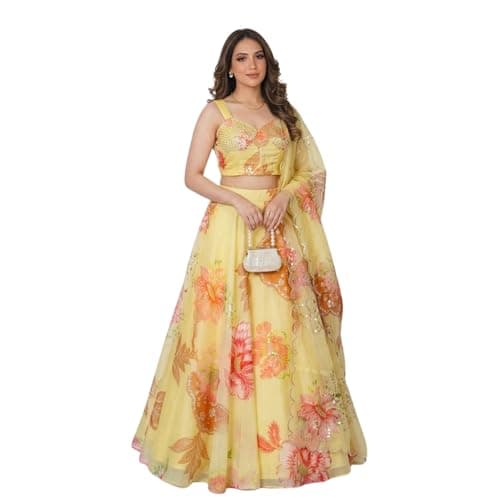 Women's Pure Organza Lehenga Choli with Dupatta, Floral Print, Fully Stitched, Party Wear (Yellow)