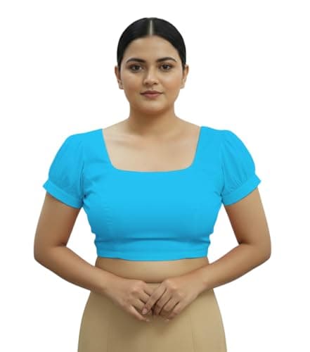 Women's Cotton Saree Blouse Square Neck Puff Sleeve Readymade Blouse Deep Back Ethnic Crop Top Choli Non Padded Sky Blue