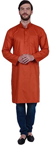Men's Long Kurta Indian Clothes Cotton Dress Casual Wear (Orange, L)