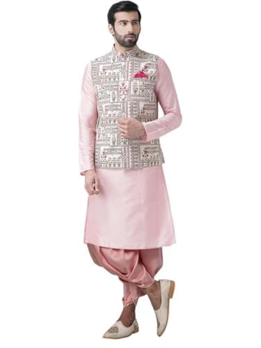 KISAH Men's Kurta, Printed Nehru Jacket & Dhoti Set - Traditional Indian Ethnic Wear for Weddings & Festive Occasions, Pink, Multi-Color, 40