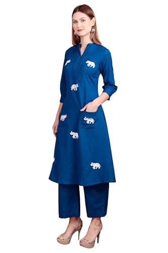 ladyline Plain Embroidered Cotton Kurta Pants Set Womens - Elephant Design 2-Pocket Flared -Palazzo Pants (CEKP RCET1520) (44/ Blue)