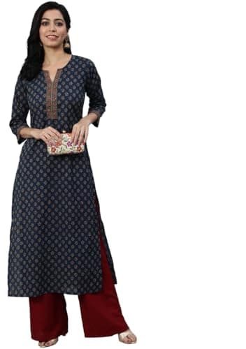 Indya Blue Printed Cotton Straight Kurta Set for Casual | 3/4 Sleeve | V-Neck | Salwar Kameez
