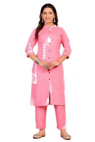KANESKA Women's Kurti with Pant Set, Geometric Print, Button Front, 3/4 Sleeves, Casual Ethnic Wear (US, Alpha, 3X-Large, Regular, Regular, PINK)