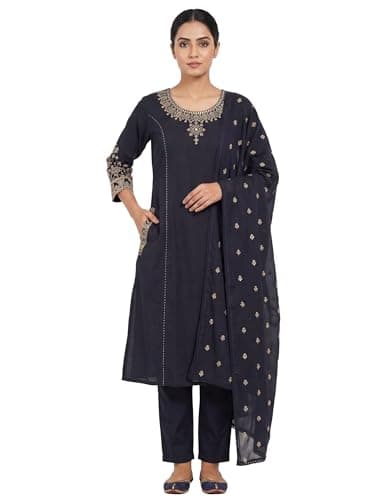 ladyline Womens Flex Cotton Embroidered Kurta Pants Set with Mal Dupatta | Mirror Work Ethnic Salwar Kameez Indian Suit Set (CESK NCRB) (46/ Black)