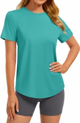 PINSPARK Workout Tops for Women Sun Protection Shorts Sleeve Quick Dry Tops Lightweight Athletic Shirts for Hiking Yoga,Teal Medium