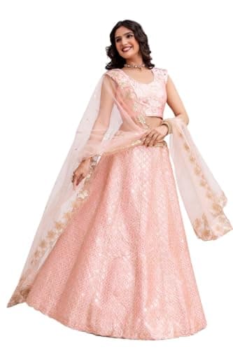TRENDMALLS Women's Satin Embroidery Bridal Lehenga Choli with Net Dupatta Ready To Wear (L259-Pink-L)
