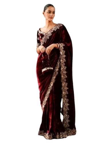 Indya Maroon Embroidered Velvet Saree Set | Perfect for Party Wear