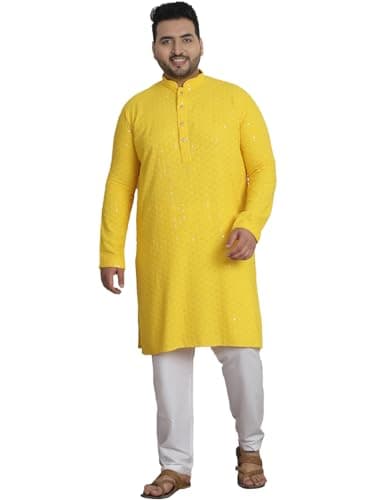 Sojanya Plus (Since 1958) Men's Cotton Sequins Embroidered Yellow Kurta with White Churidar Pyjama