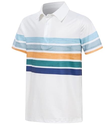 Cuddomper Boys Performance Polo Size 7-8 Coastal-Inspired Striped Short Sleeve Golf Shirt School Uniform for Active Casual White Blue