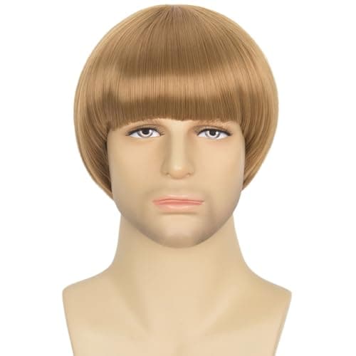 Miss U Hair Men’s 60s 70s Retro Bowl Cut Wig with Thick Blunt Bangs Short Blonde Mushroom Funny Geek Wig for Halloween Cosplay