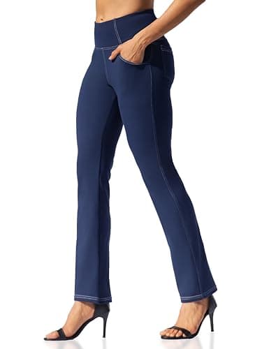 VOOVEEYA Womens Straight Leg Leggings, High Waisted Yoga Pants with Pockets Tummy Control Bootcut Casual Dress Pants（Navy Blue L）