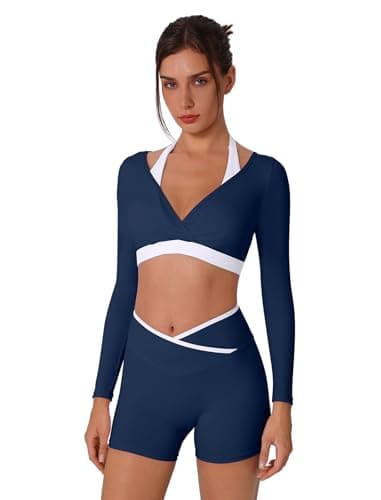 ABOCIW Workout Sets for Women Color Block Long Sleeve Crop Top with Built-in Bra Crossover High Waist Biker Shorts Gym Set Yoga Pilates Outfits Fall Clothes Navy Large