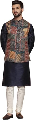 KISAH Men's Kurta with Multi-Color Printed Nehru Jacket & Pajama Set - Indian Ethnic Kurta Set for Weddings & Festivals, Multicolor2, 40