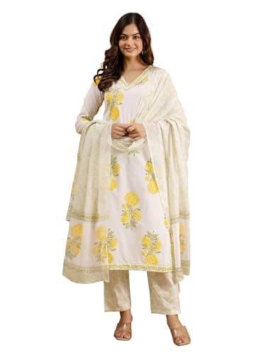 TRENDMALLS Women's Pure Cotton Floral Printed Kurta Pant with Dupatta Set (G423-OffWhite-L)