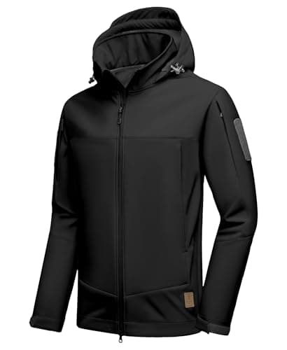 Little Donkey Andy Men's Softshell Jacket Hooded Lightweight Waterproof Tactical Jacket Fleece Lined Windbreaker Jackets with 8 Pockets Full Zip up with Foldable Hood (Black XXL)