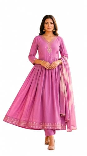 Women’s Anarkali Kurta Set with Dupatta | Embroidered Ethnic Gown Style Kurti with Pant for Festive & Party Wear (US, Alpha, Large, Regular, Regular, Pink)