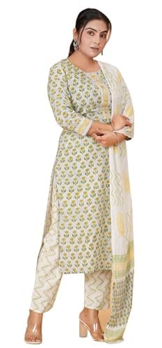 IMTRA FASHION Pure Cotton Straight Kurta Pant Set for Women Printed Suit Indian Kurti Pants with Dupatta-Green-(X-Large)