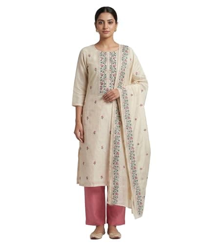ladyline Womens Chanderi Silk Embroidered Salwar Kameez Suit Set | Formal Kurta with Pants & Elegant Dupatta Set Indian Ethnic Party Wear (SESK ADZE) (48/ Cream)