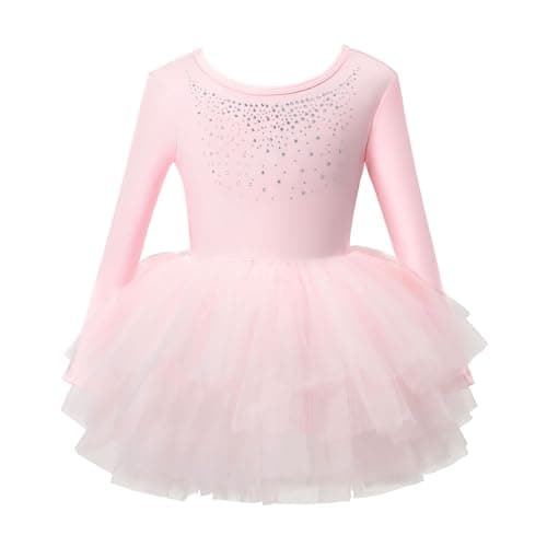 KARETT Toddler Ballet Leotard with Snap Glitter Ballerina Outfit Criss-Cross Long Sleeve Pink Tutu Dress for Girls 4-5 Years