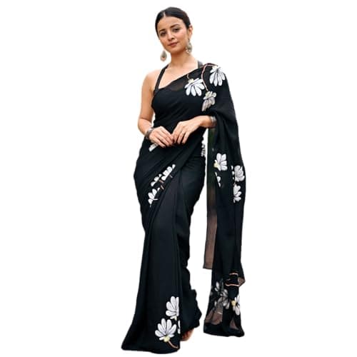 BE4ME.COM Alia Bhatt Celebrity Inspired Satin Silk Saree - Floral Print, Manish Malhotra Party Wear (Black)