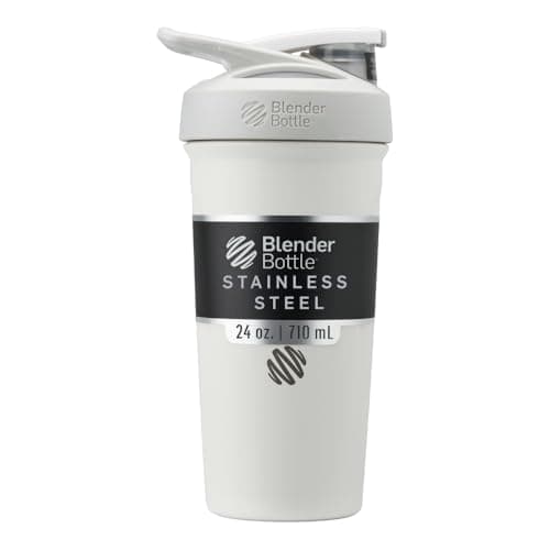 BlenderBottle Strada Shaker Cup Insulated Stainless Steel Water Bottle with Wire Whisk, 24-Ounce, White